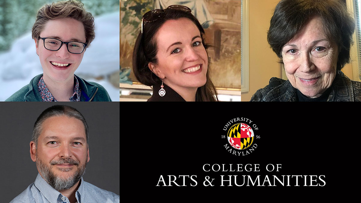 A grid featuring photos of the four award winners, with the UMD logo in the lower right corner