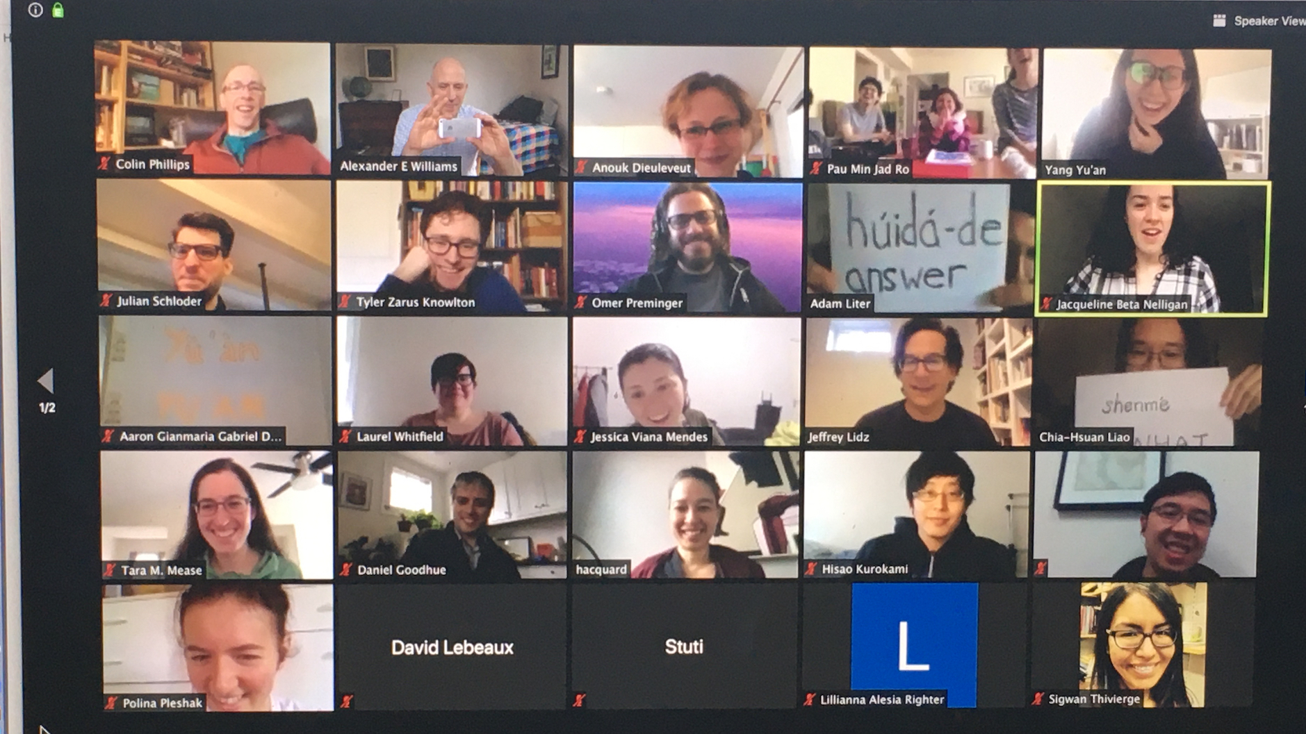 A grid of faculty and students on Zoom, laughing in celebration of Yu'an Yang's successful qualifying defense