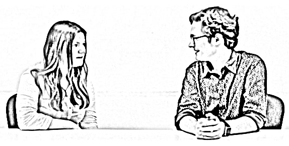 A photo of a young woman talking to a young man, sitting at table, digitally rendered to look like a pencil sketch.