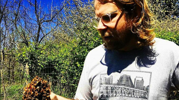 Alex Chabot, Lecturer in Linguistics, standing in the forest, looking at a hive-full of bees he is holding in his hand.