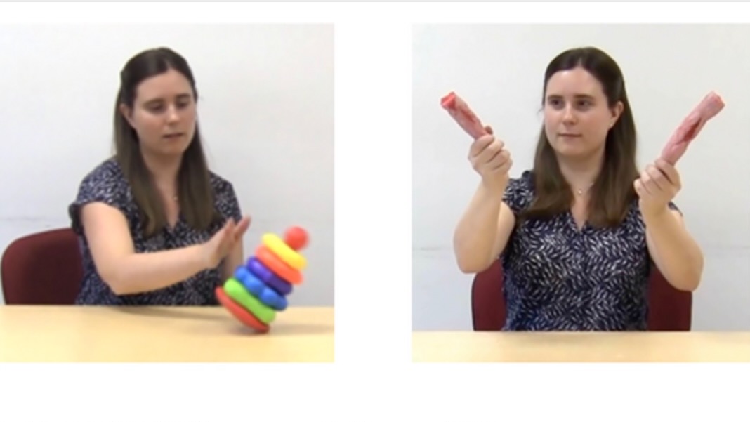 A pair of photos of a young woman: in one she is toppling a toy ring tower; in the other she is snapping a bread stick that has been dyed red.