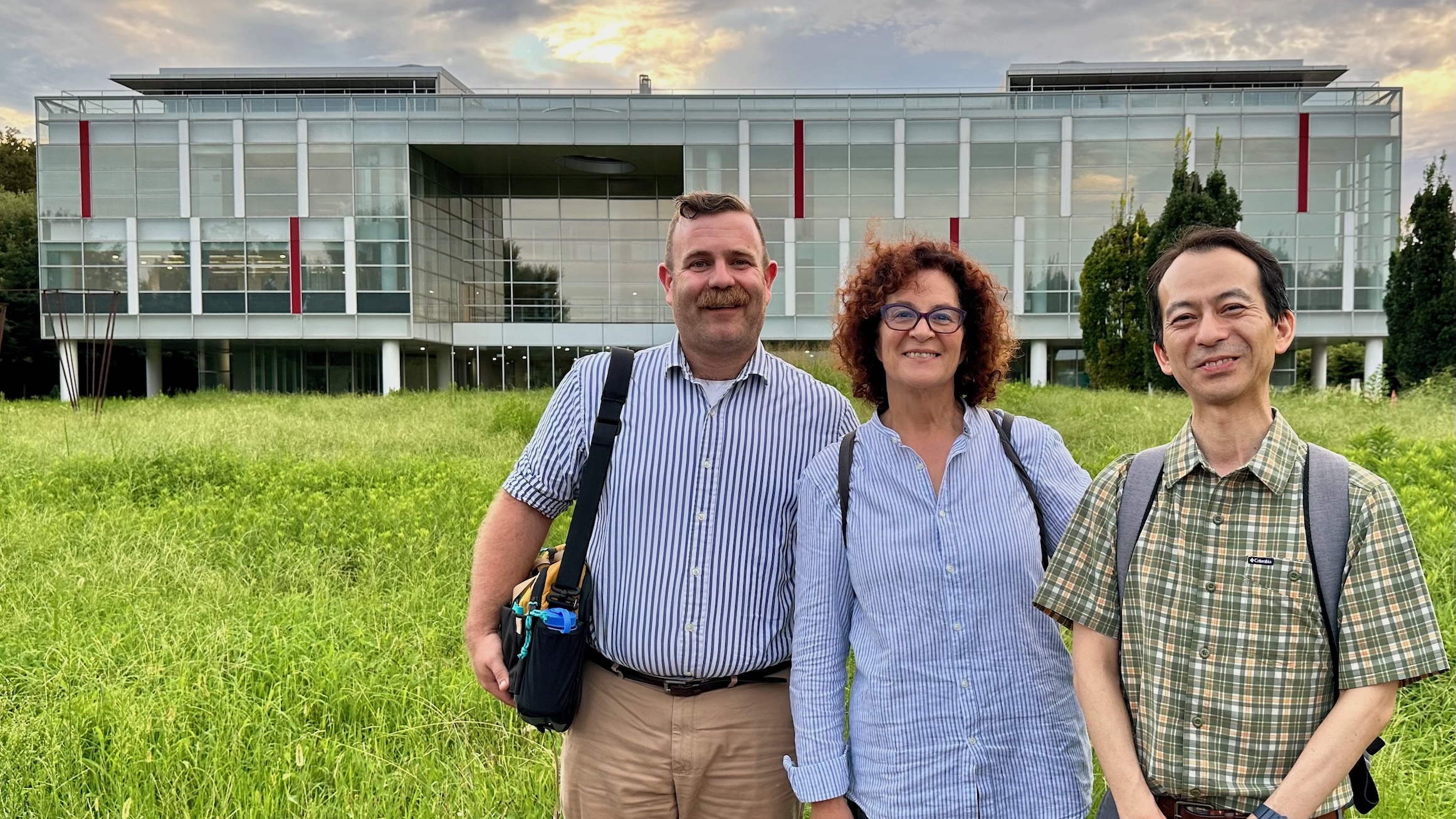 Three professors, posing for a portrait outside of a building, with green grass behind them, bathed in the pale gold of an evening sun.